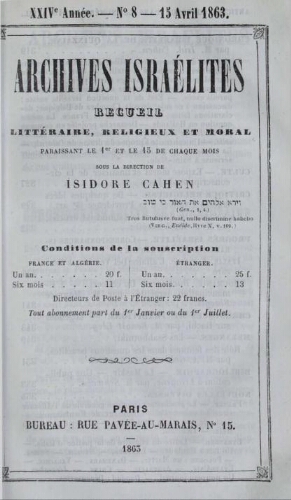 Archives israélites de France. Vol.24 N°08 (15 ar. 1863)